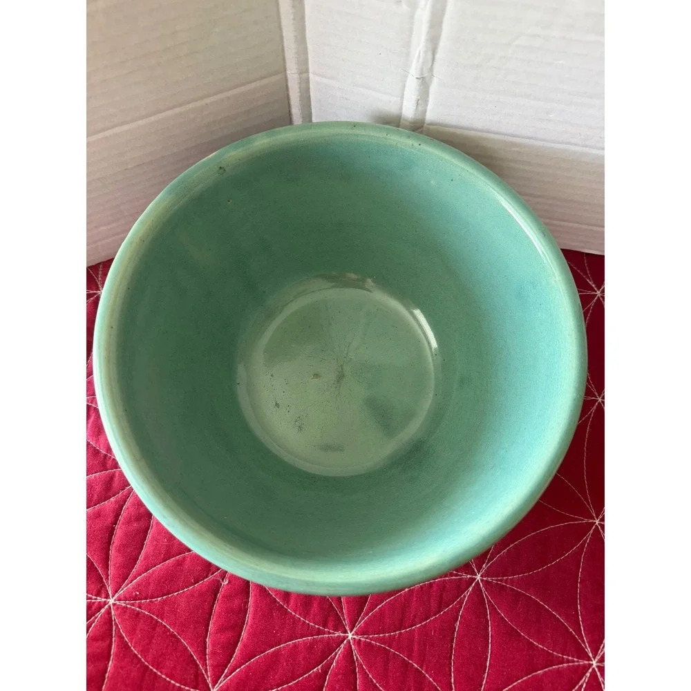 Vintage Teal Green Ribbed Stoneware Mixing Bowl Ceramic Farmhouse Kitchen Decor